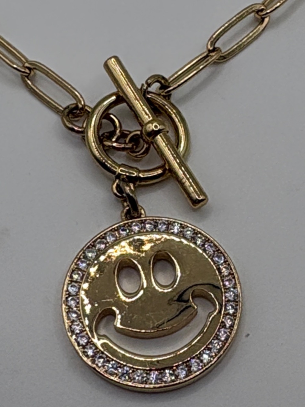 Gold Smiley Face Pendant Necklace - Gold Toggle Paperclip 18” - Picture 6 of 9